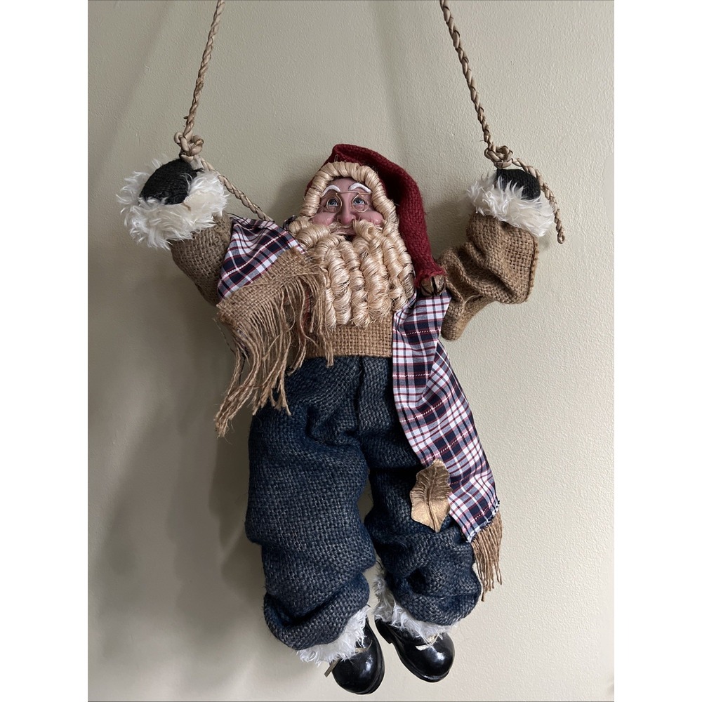 Vintage Handmade Folk Art Burlap Fabric Santa Christmas Hanger‎ Cottage Core